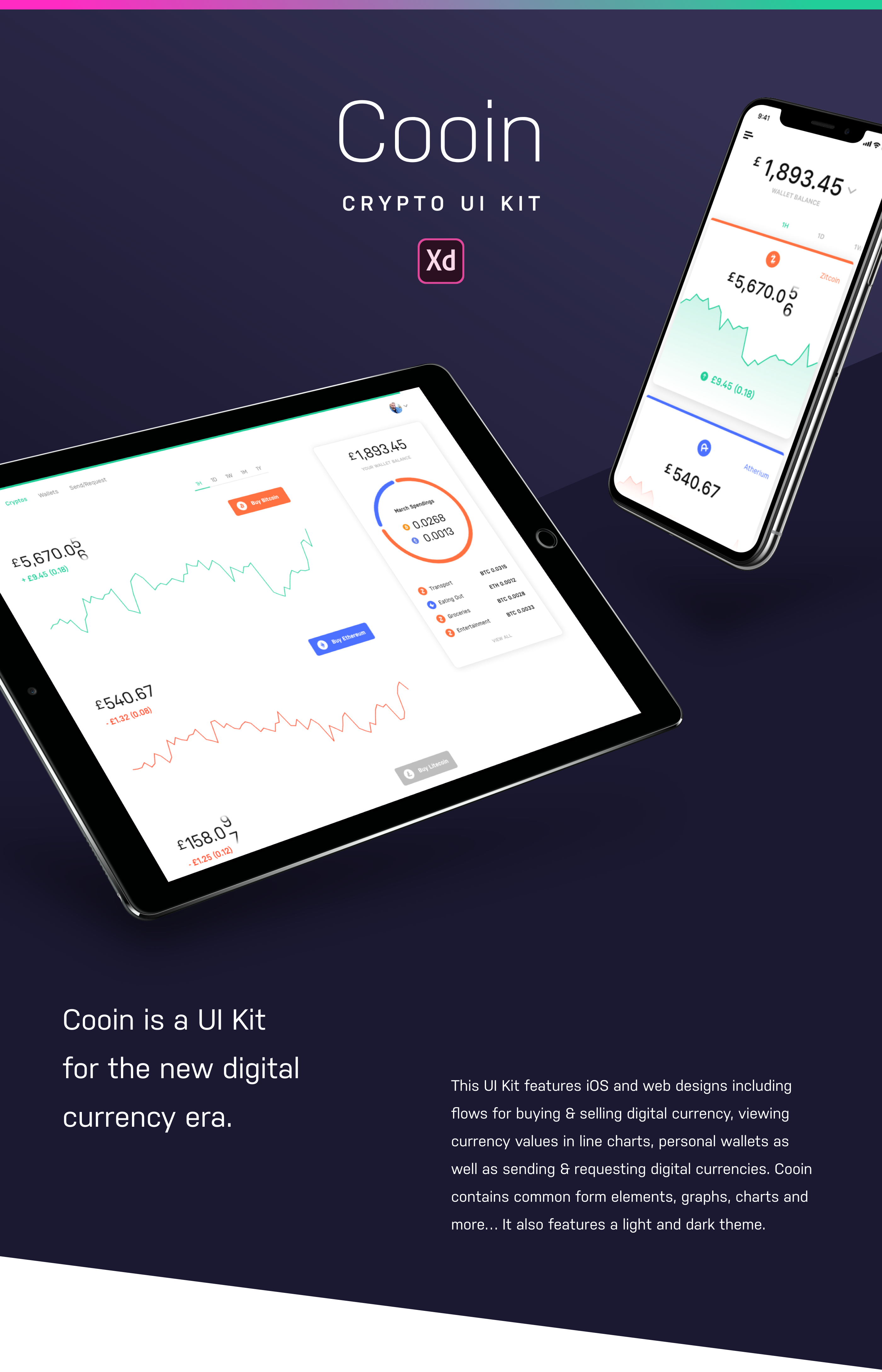 Dark style Cooin Crypto UI Kit presentation image