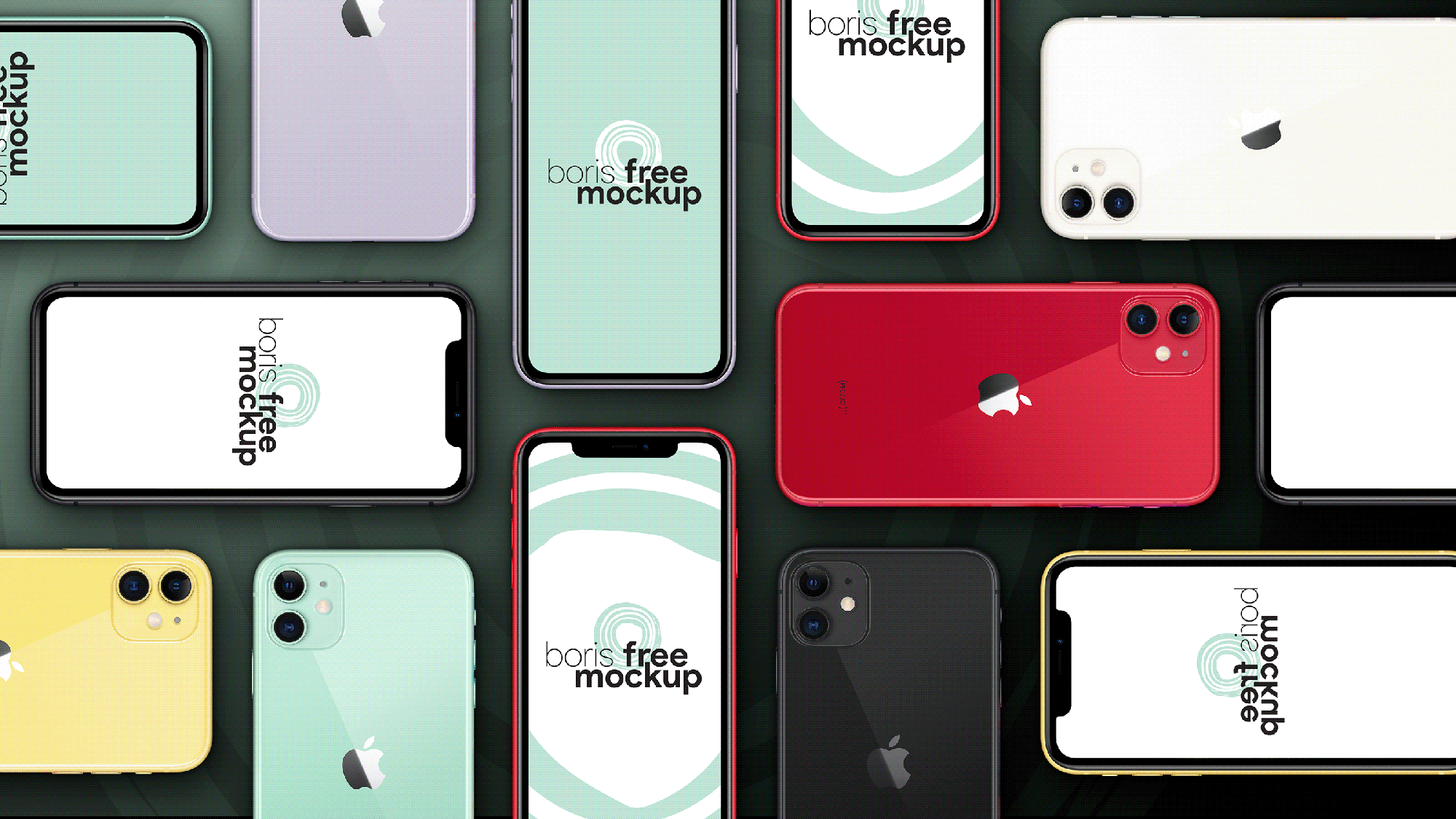 Six colors iPhone 11 flatlay mockup presentation image