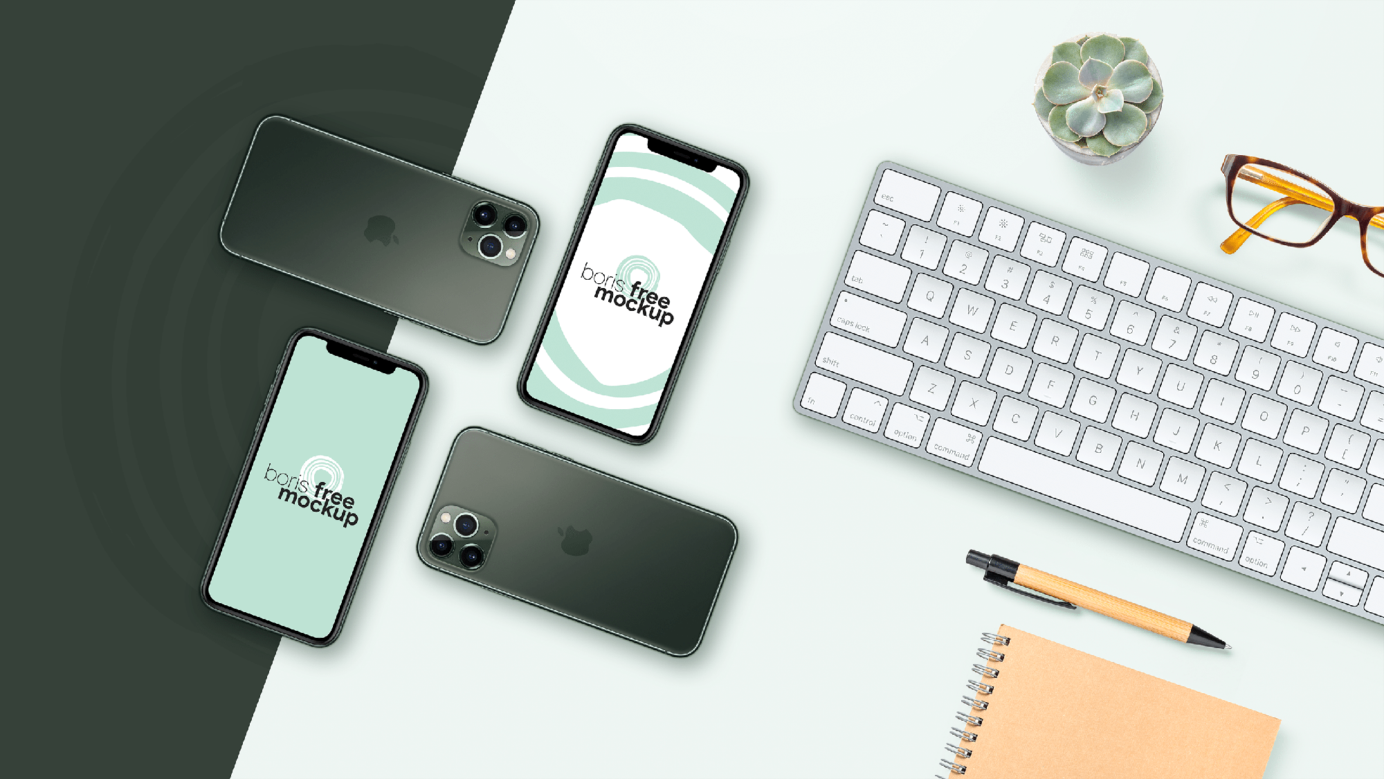 iPhone 11 Pro & Apple Keyboard flatlay mockup presentation image