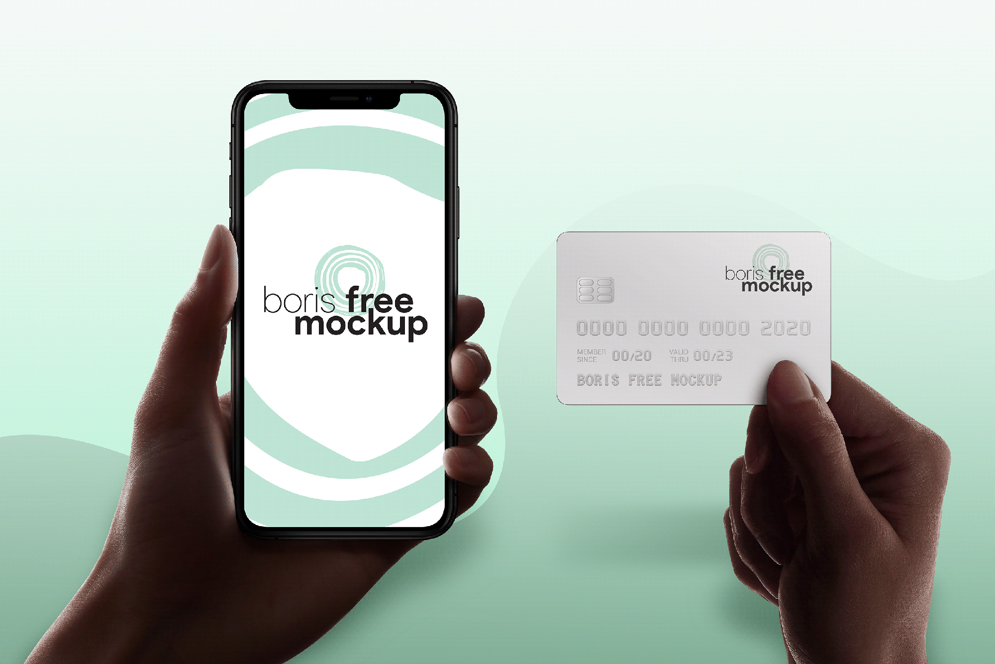 Holding iPhone and credit card mockup presentation image