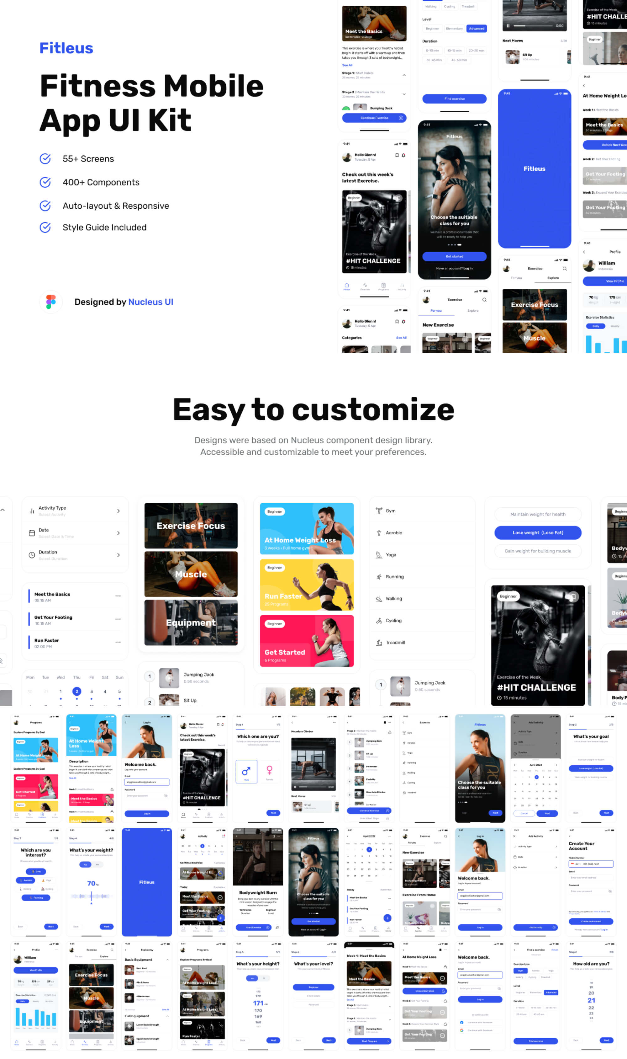Fitleus - Fitness Mobile App UI Kit presentation image