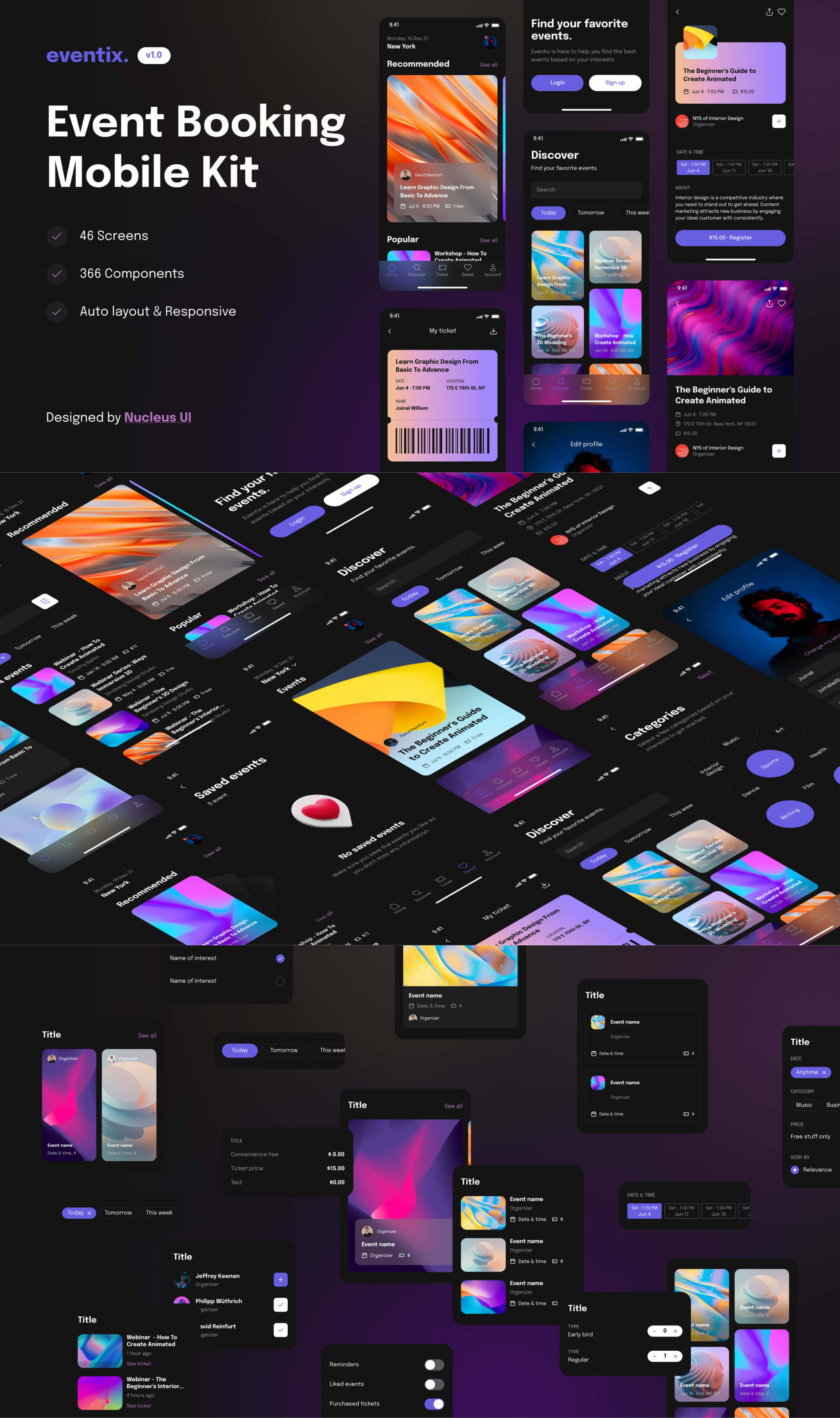Eventix – Event booking and ticketing mobile app design UI kit presentation image