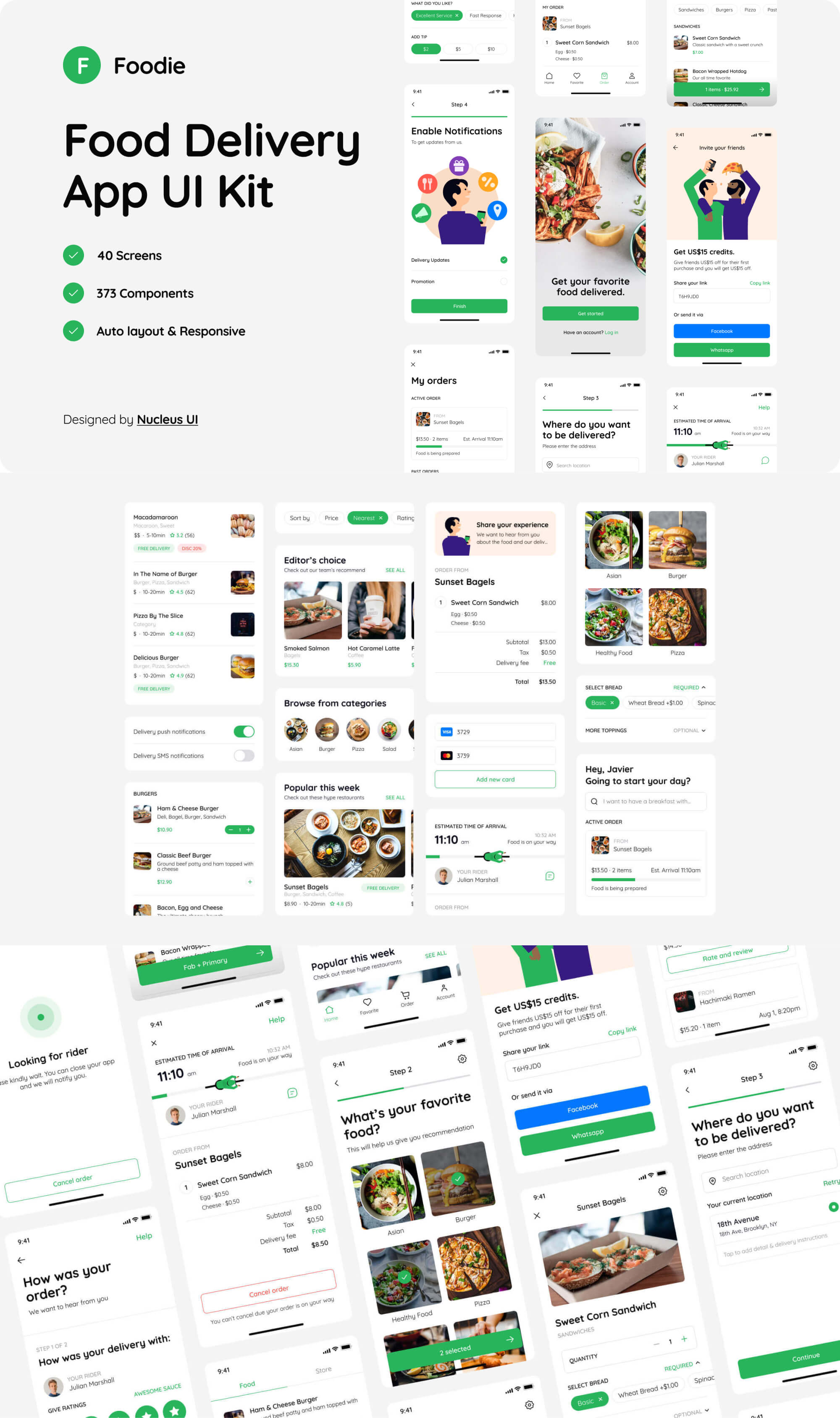 Foodie – Food / restaurant delivery mobile app design UI kit presentation image