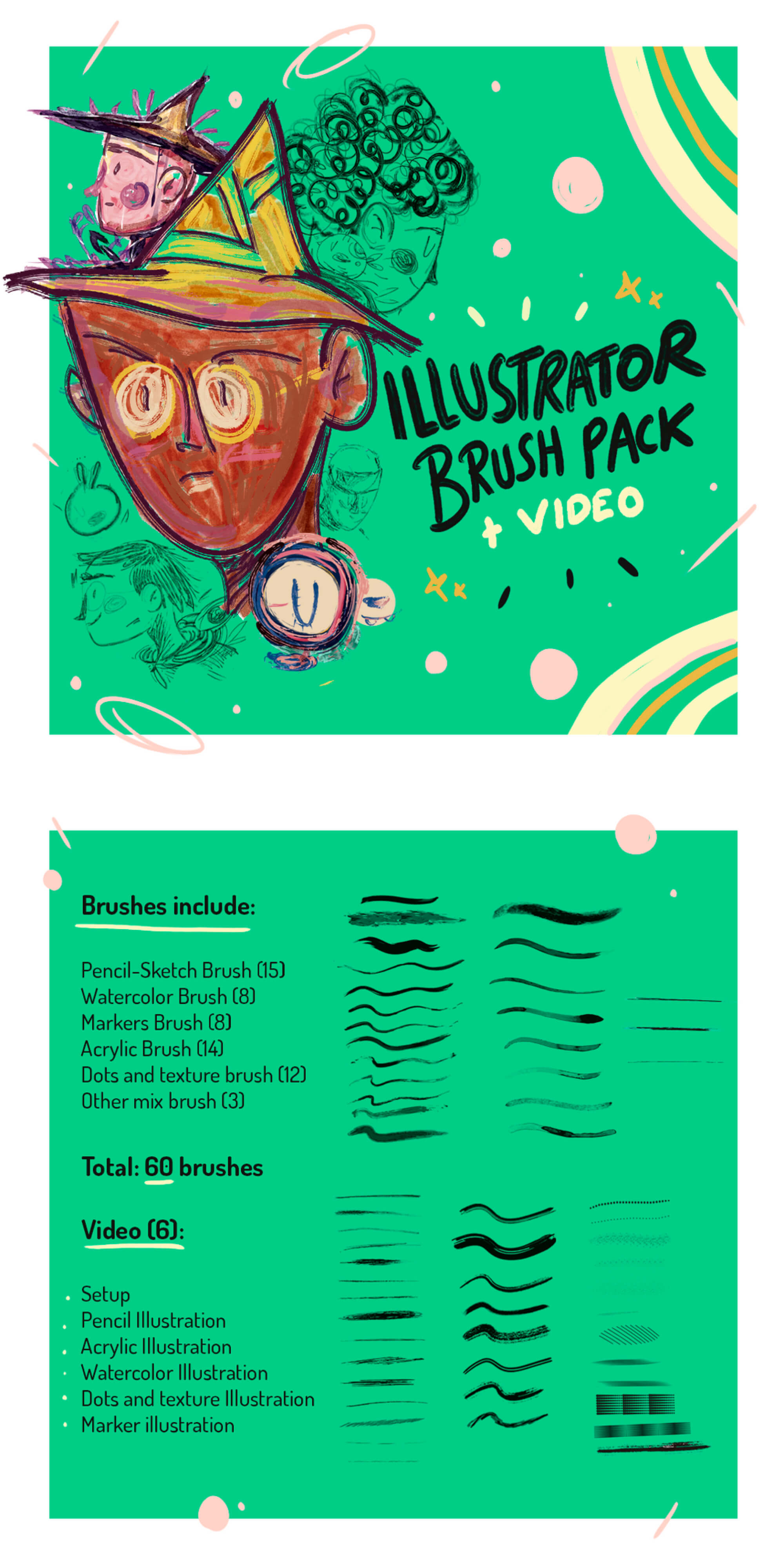 Illustrator Brush pack + video: Watercolor, pencil, and more presentation image