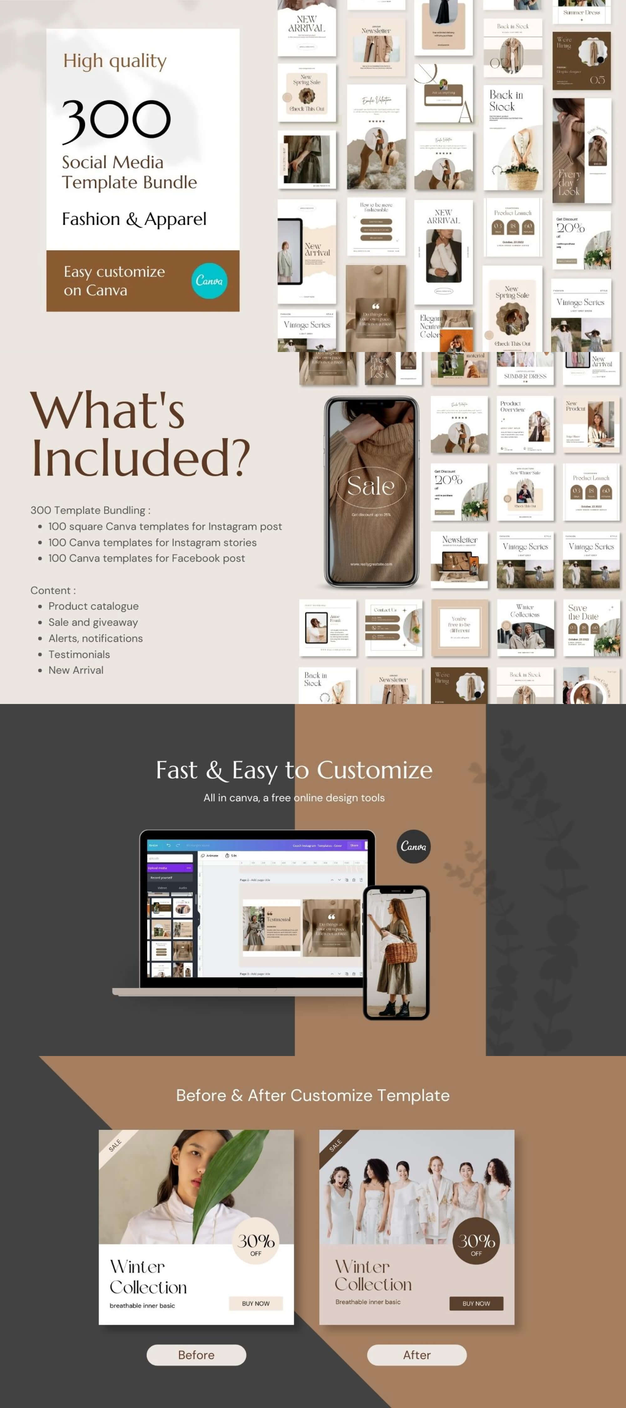 Fashion & Apparel - 300 Canva Social Media Template Bundle presentation image
