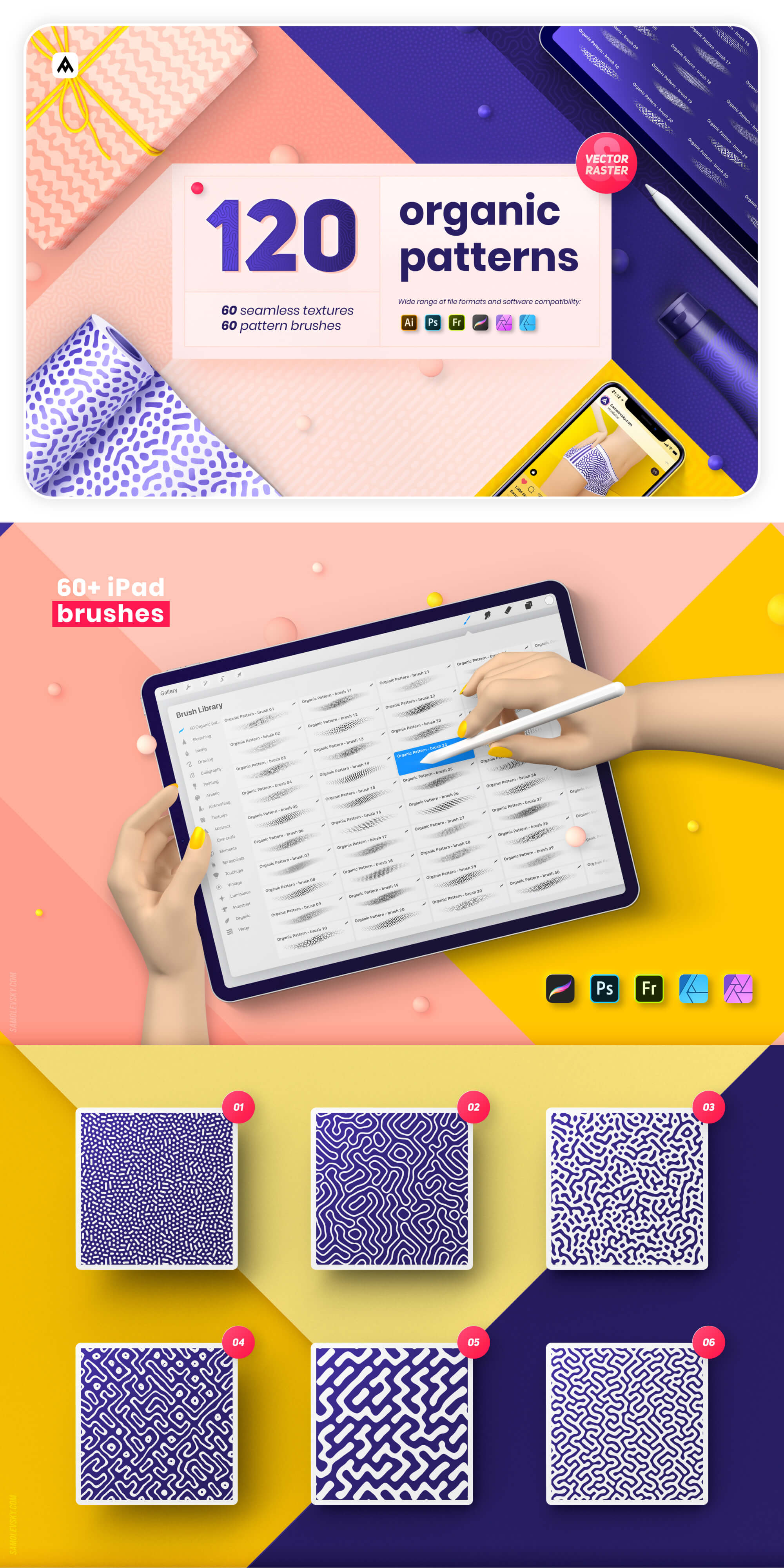 Organic patterns - 120 textures and brushes collection presentation image