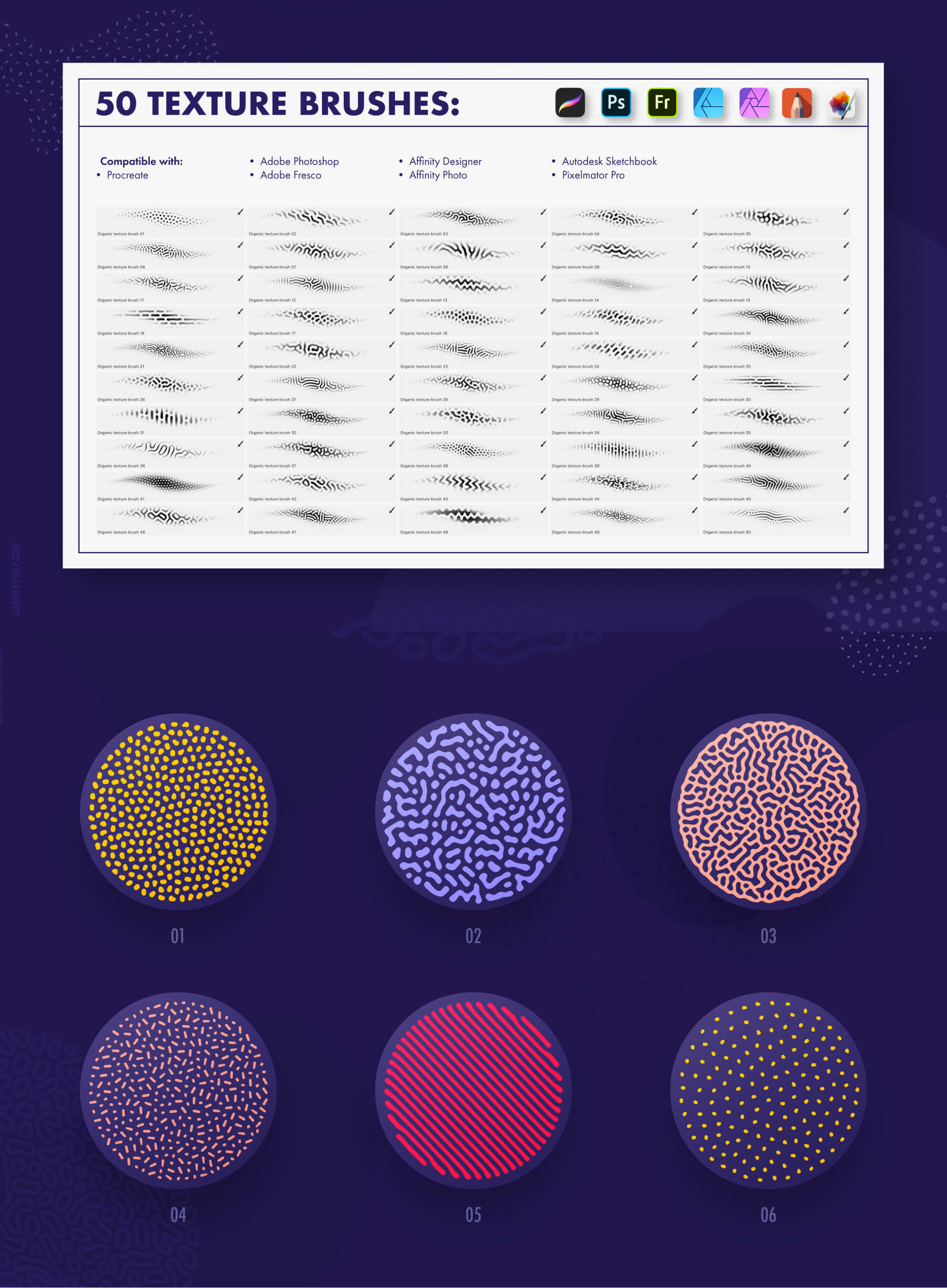 Organic shapes bundle – 180 seamless textures, brushes & design elements presentation image