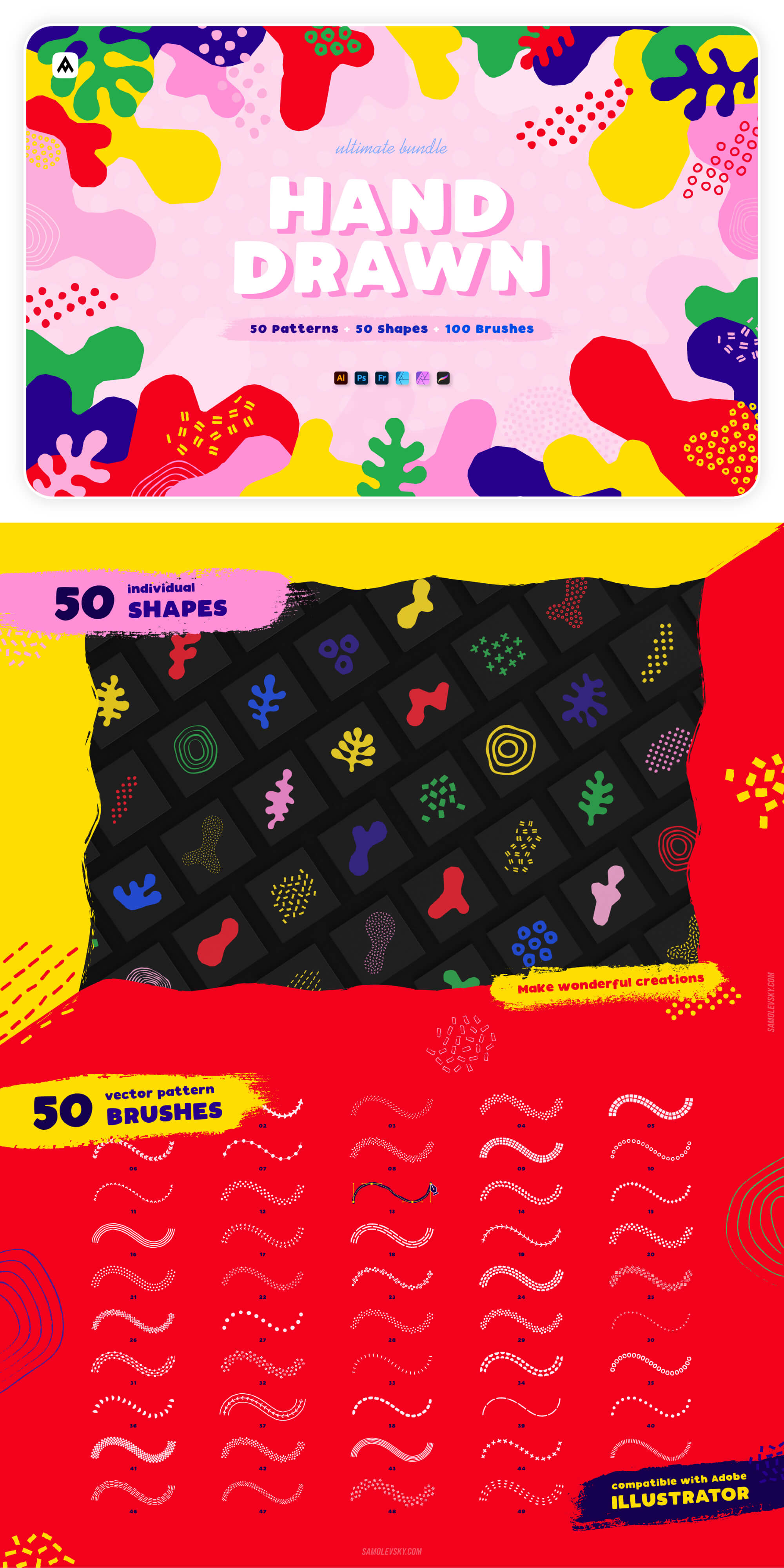 Hand-drawn seamless patterns, shapes & brushes ultimate bundle presentation image