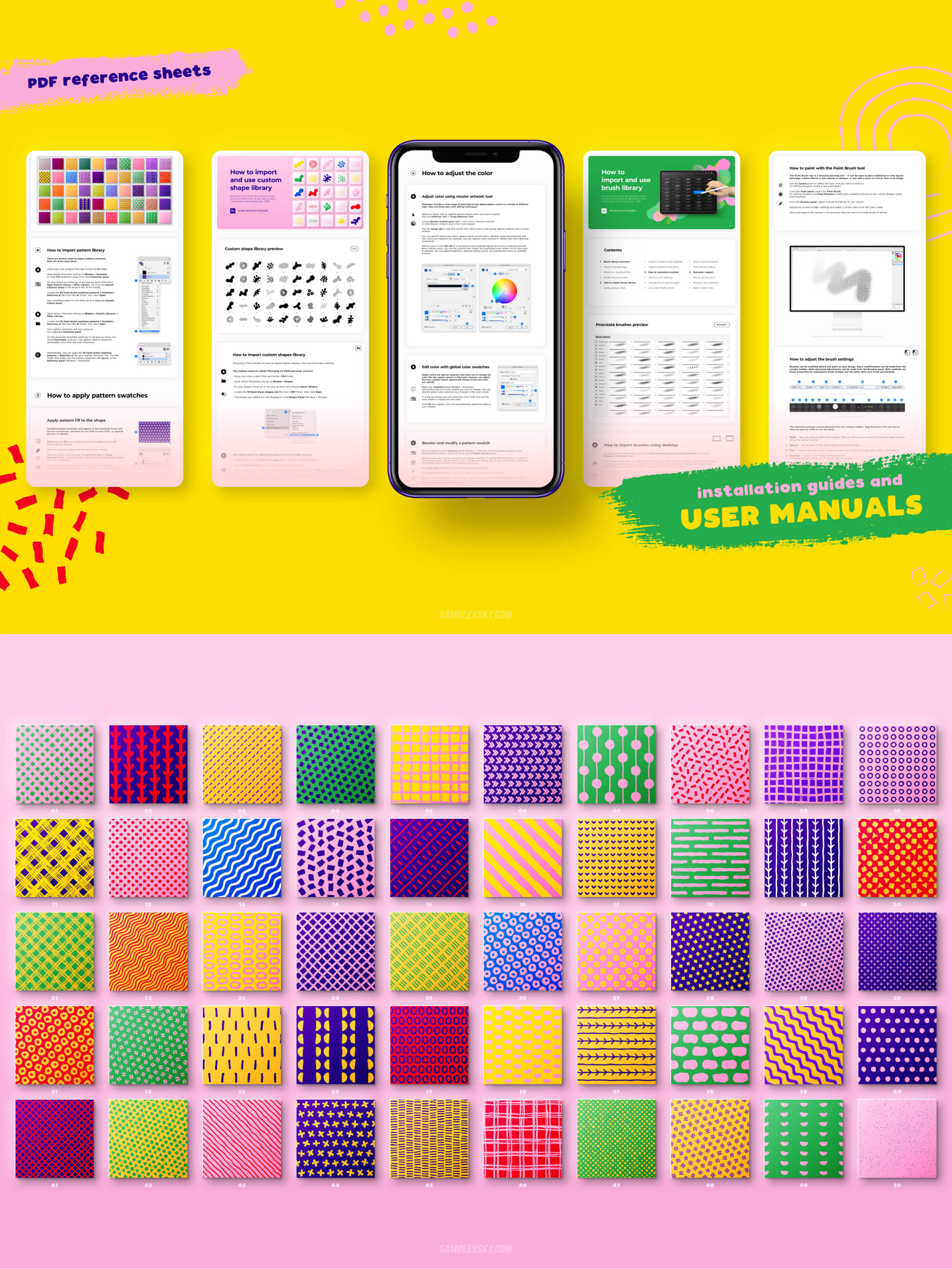 Hand-drawn seamless patterns, shapes & brushes ultimate bundle presentation image