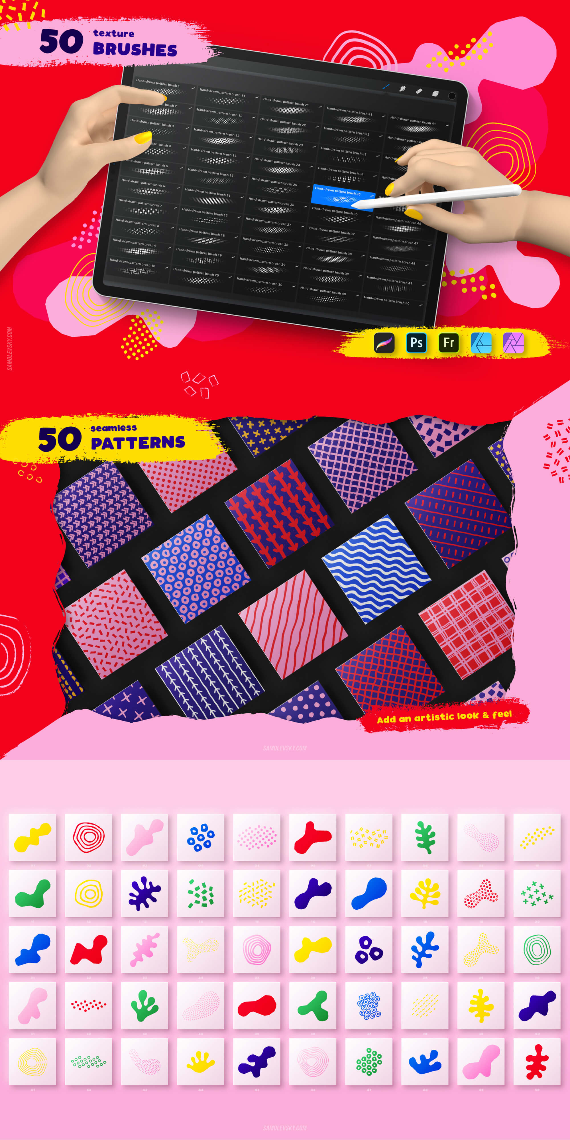 Hand-drawn seamless patterns, shapes & brushes ultimate bundle presentation image