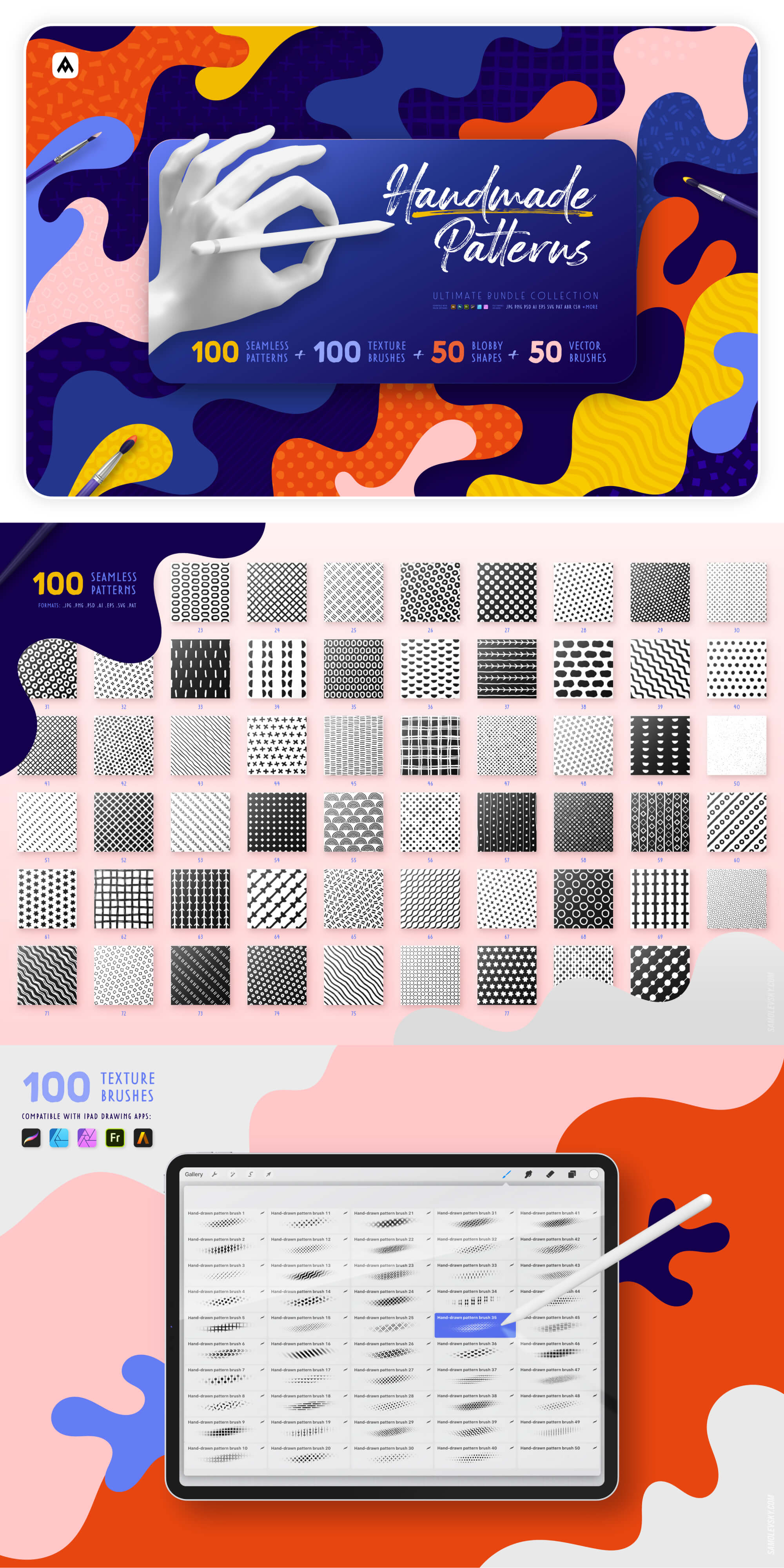 Handmade patterns bundle - 300 seamless patterns, brushes, and shapes presentation image