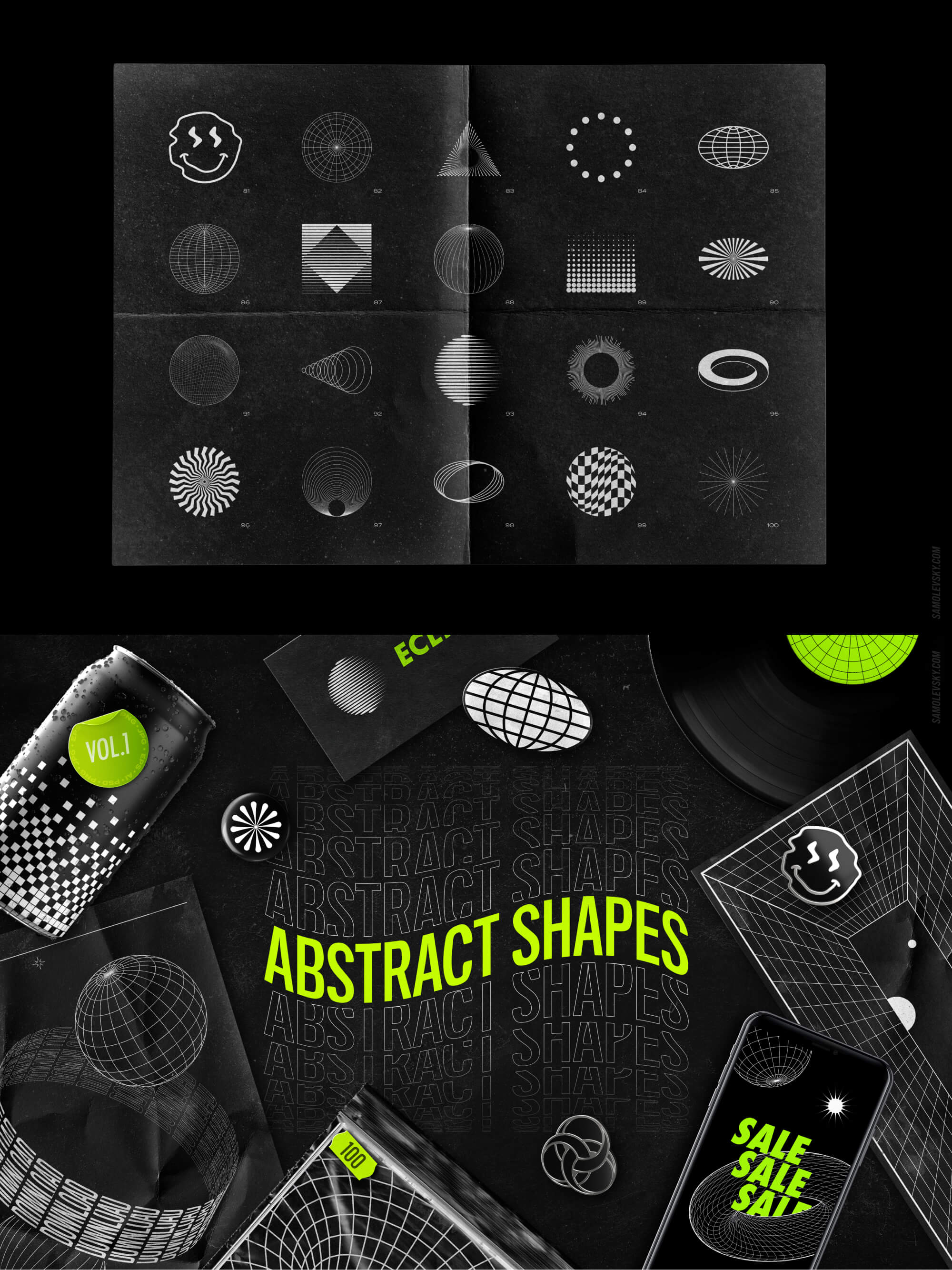 Abstract shapes collection – 100 design elements presentation image