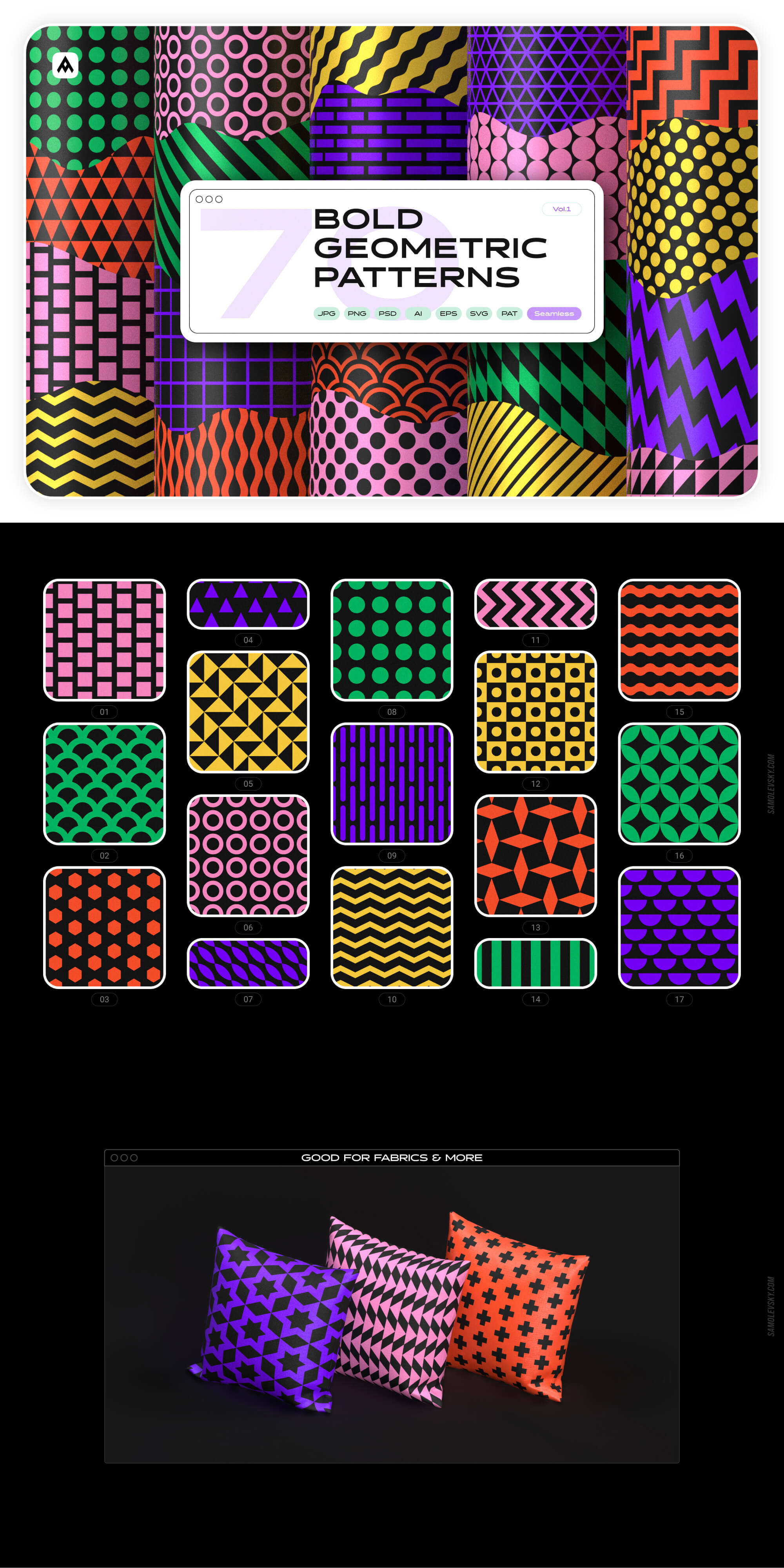 Bold geometric seamless patterns collection presentation image