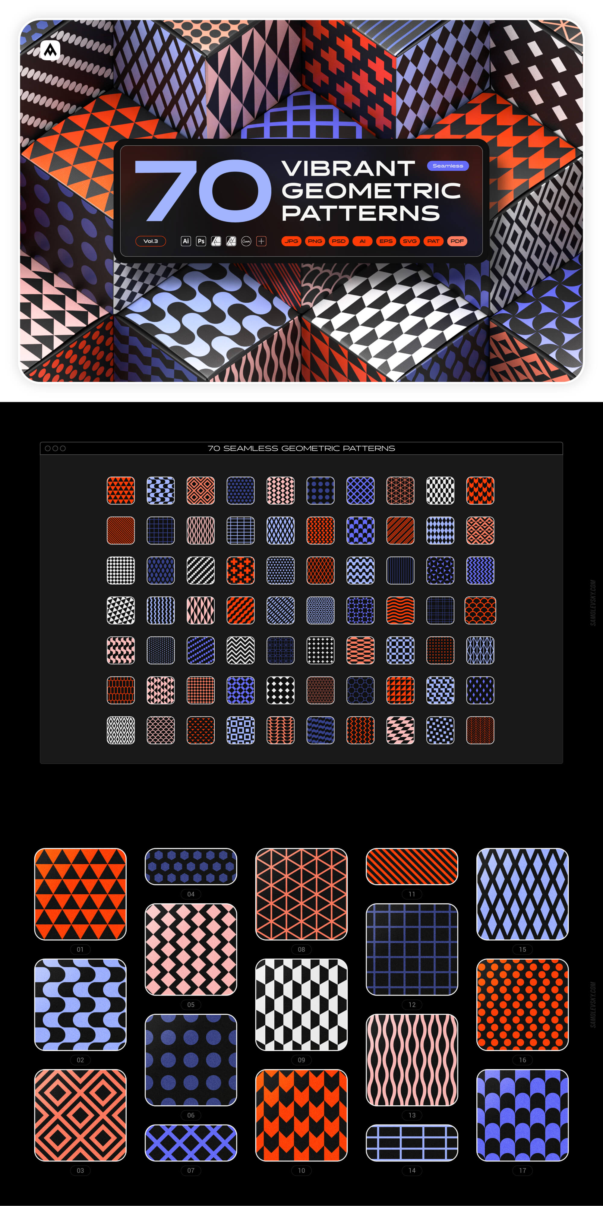 Vibrant geometric seamless patterns collection presentation image