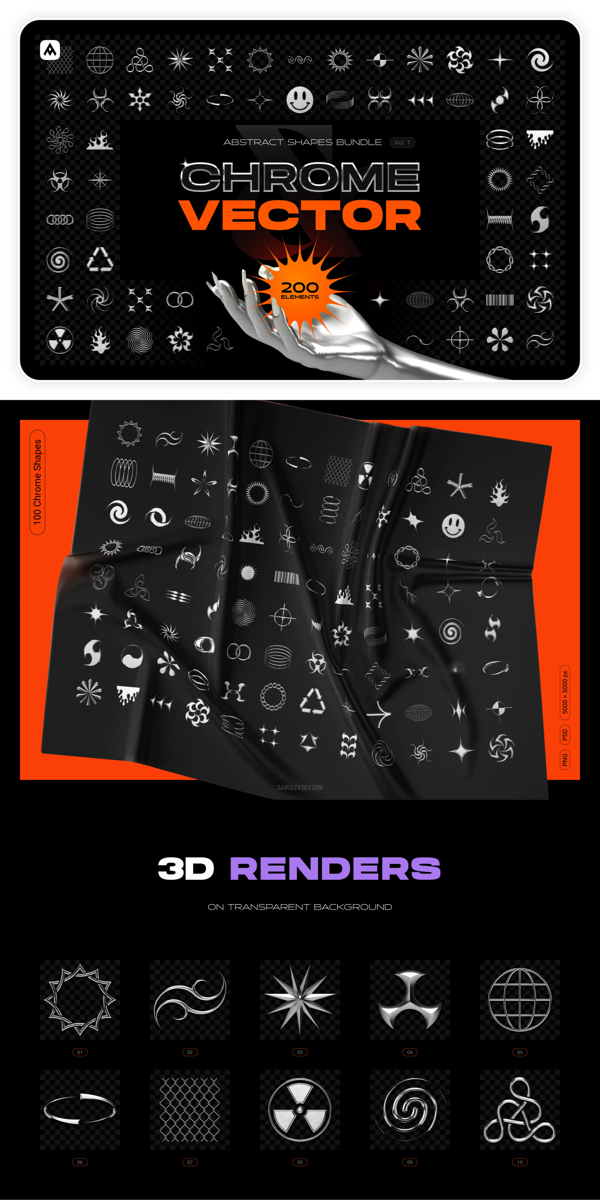 Chrome & vector abstract shapes bundle – 200 geometric design elements presentation image