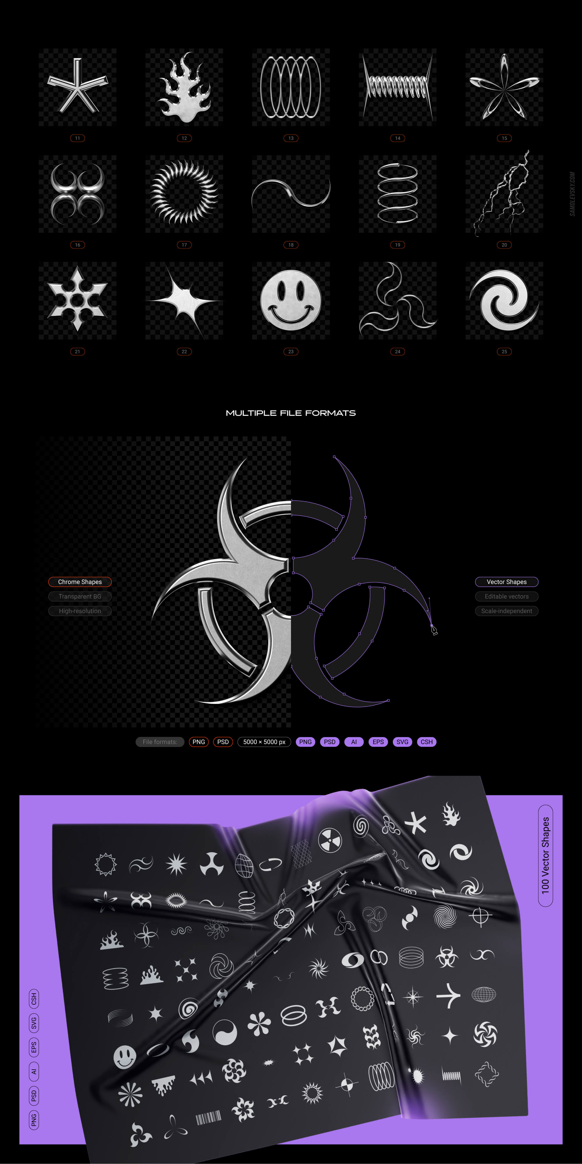 Chrome & vector abstract shapes bundle – 200 geometric design elements presentation image