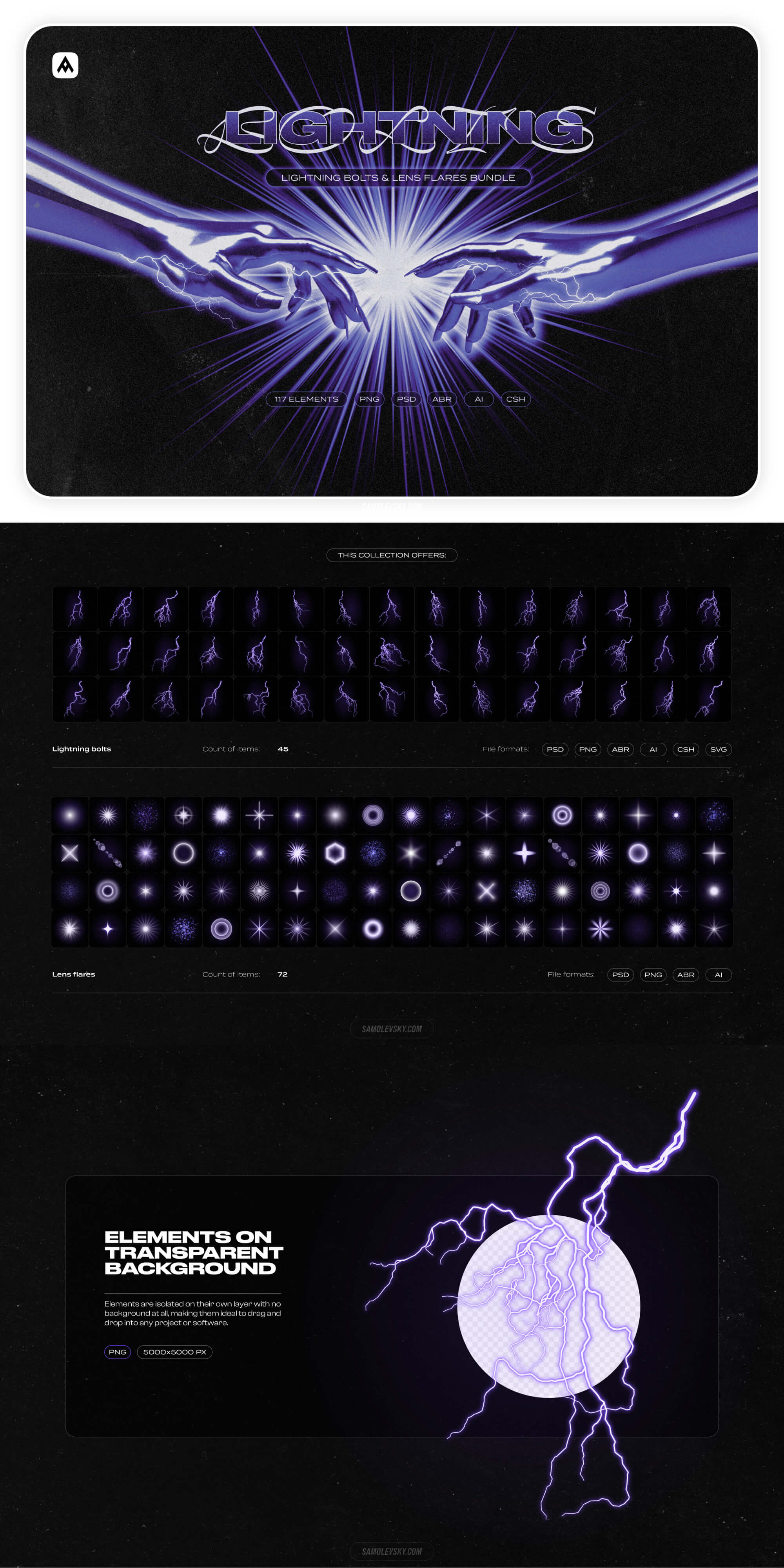 Lightning bolts and lens flares bundle presentation image