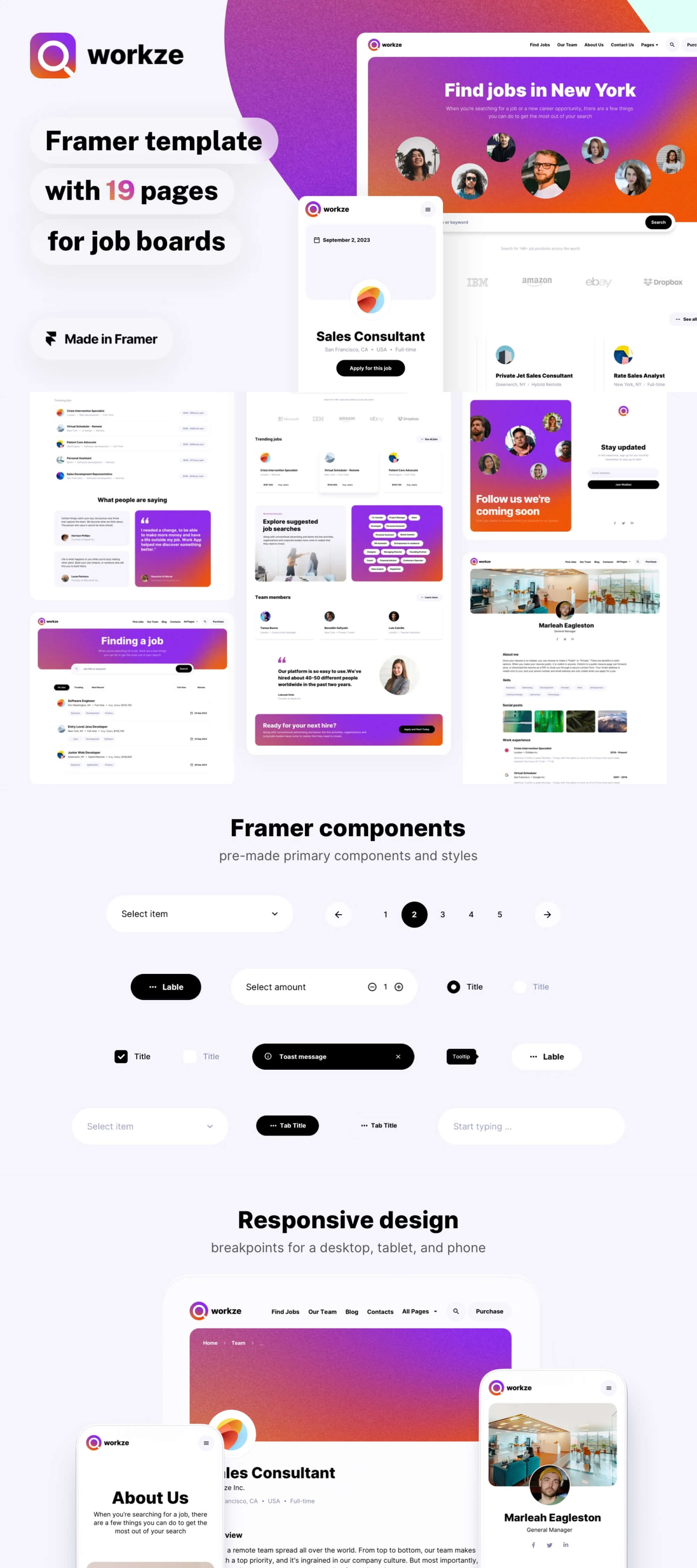 Workze no-code job board template for Framer presentation image