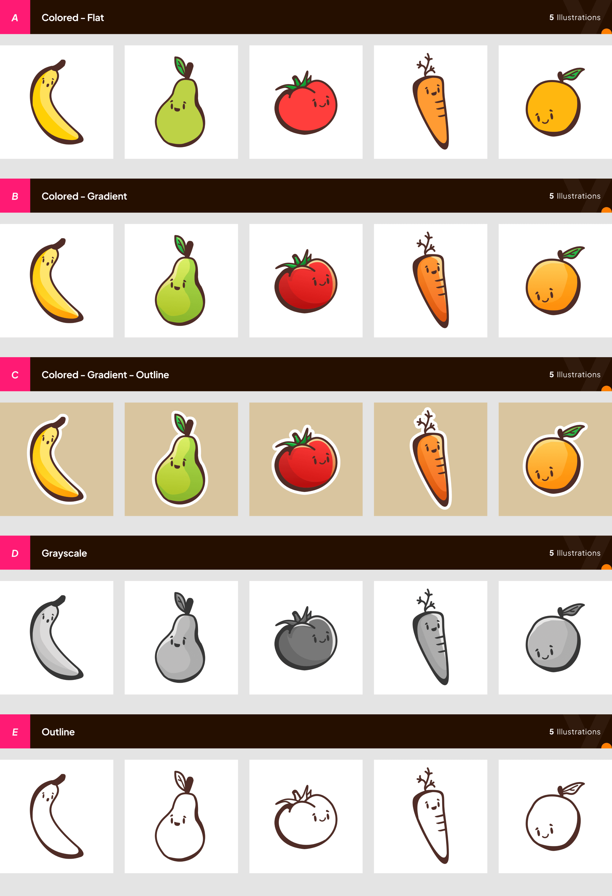 Free 5 Cute Fruits & Veggies Illustrations presentation image